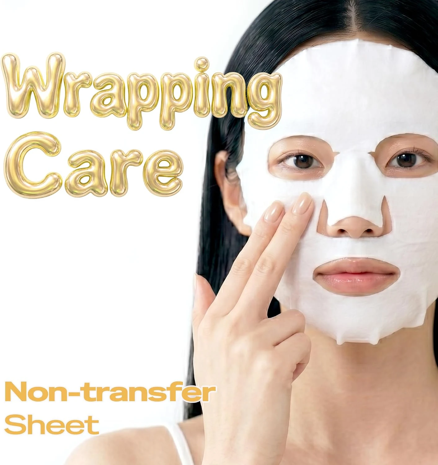 Woman wearing the PIXELPURE cream wrapping sheet mask, with the words Wrapping Care and Non-transfer Sheet